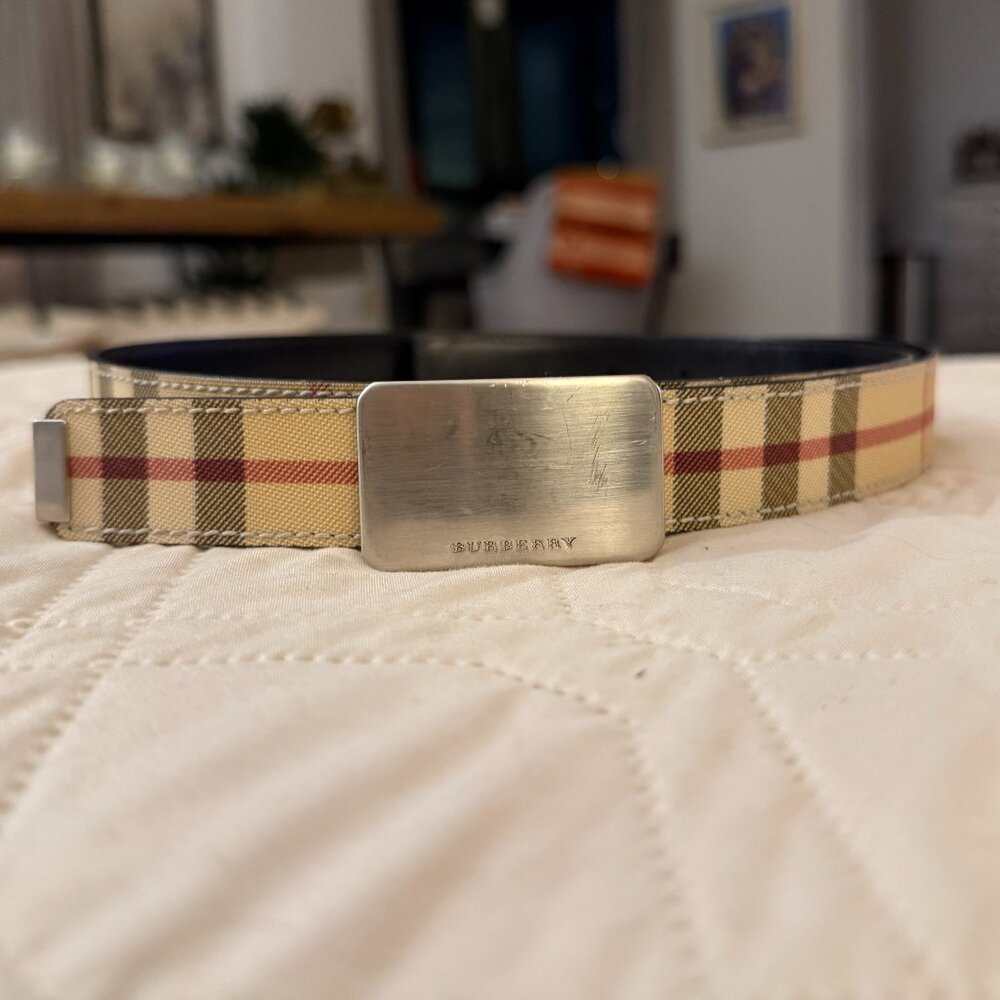 Burberry Beige Nova Check Plaid Belt with Silver Buckle